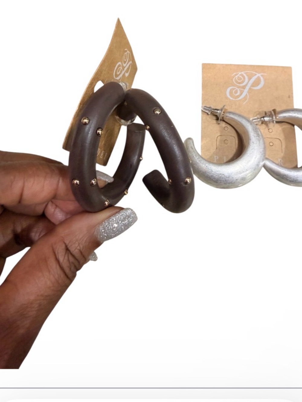 Plunder Dark Brown Hoop and Silver Tone Earrings Sets with Gold Studs